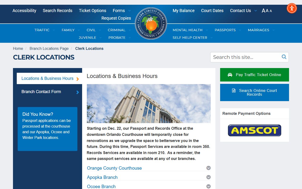 Orange County Clerk branch locations and contact page