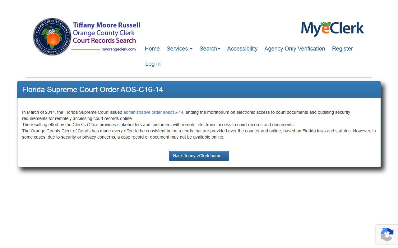 Orange County court records AOSC16-14 electronic access page