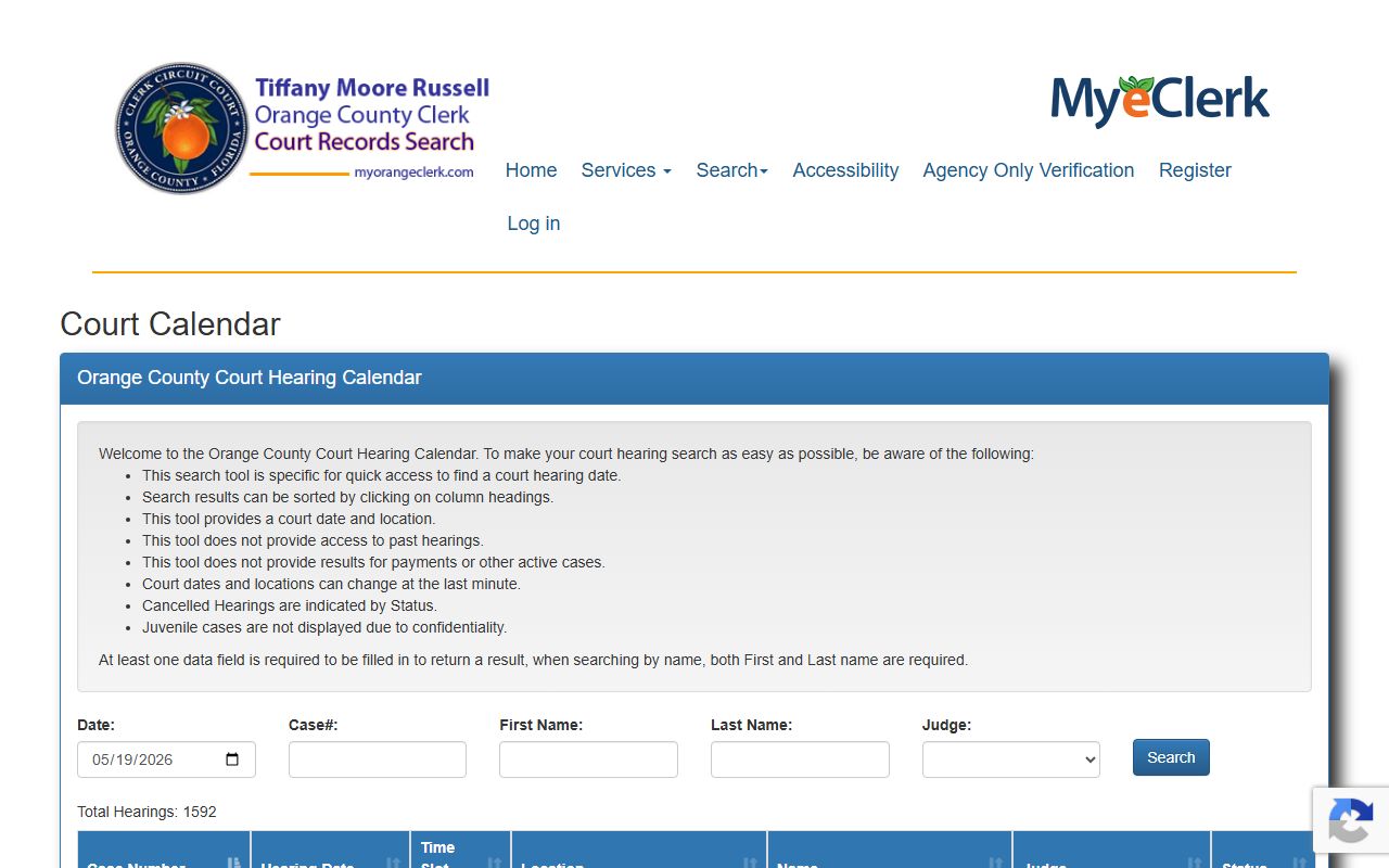 Orange County court records hearing schedule search page