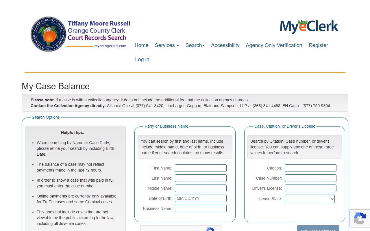 Orange County court records case balance lookup page