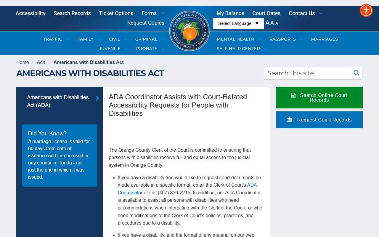 Orange County Clerk of Court accessibility ADA page