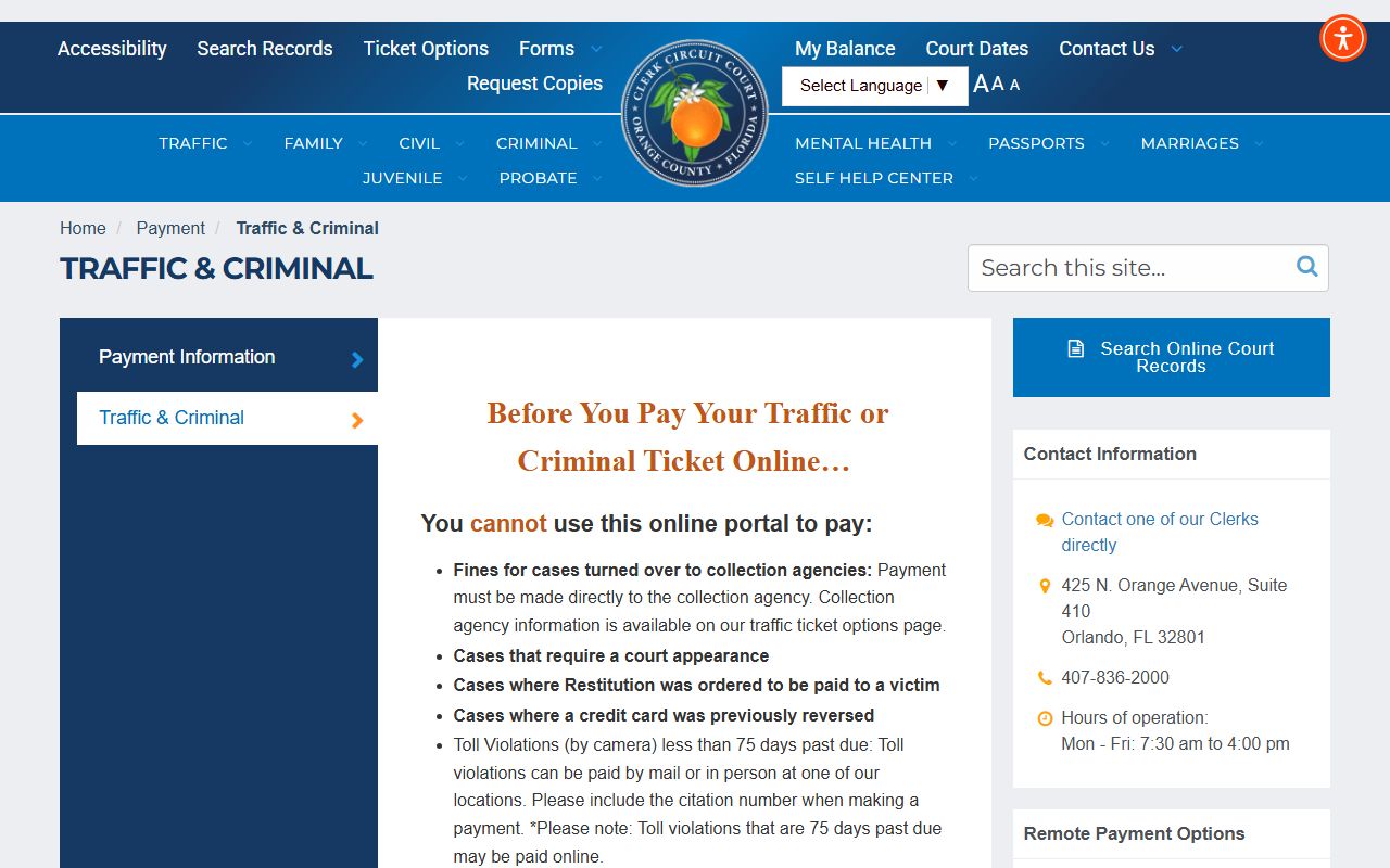 Orange County Clerk of Court traffic and criminal payment page