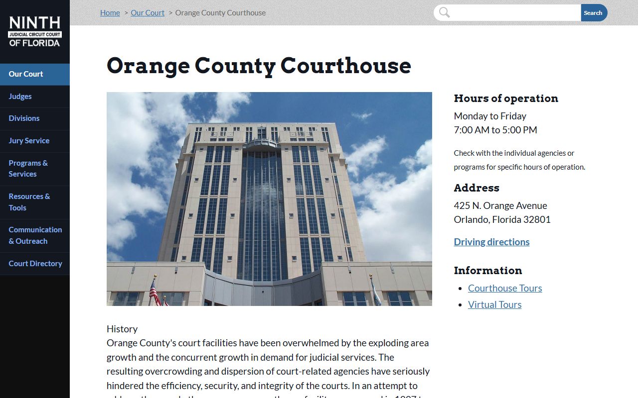 Orange County Courthouse page on the Ninth Judicial Circuit site