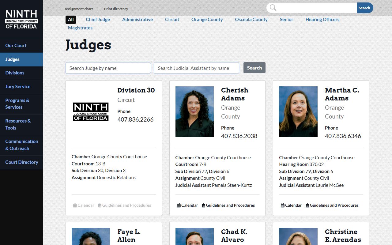 Orange County court dockets Ninth Judicial Circuit judge directory