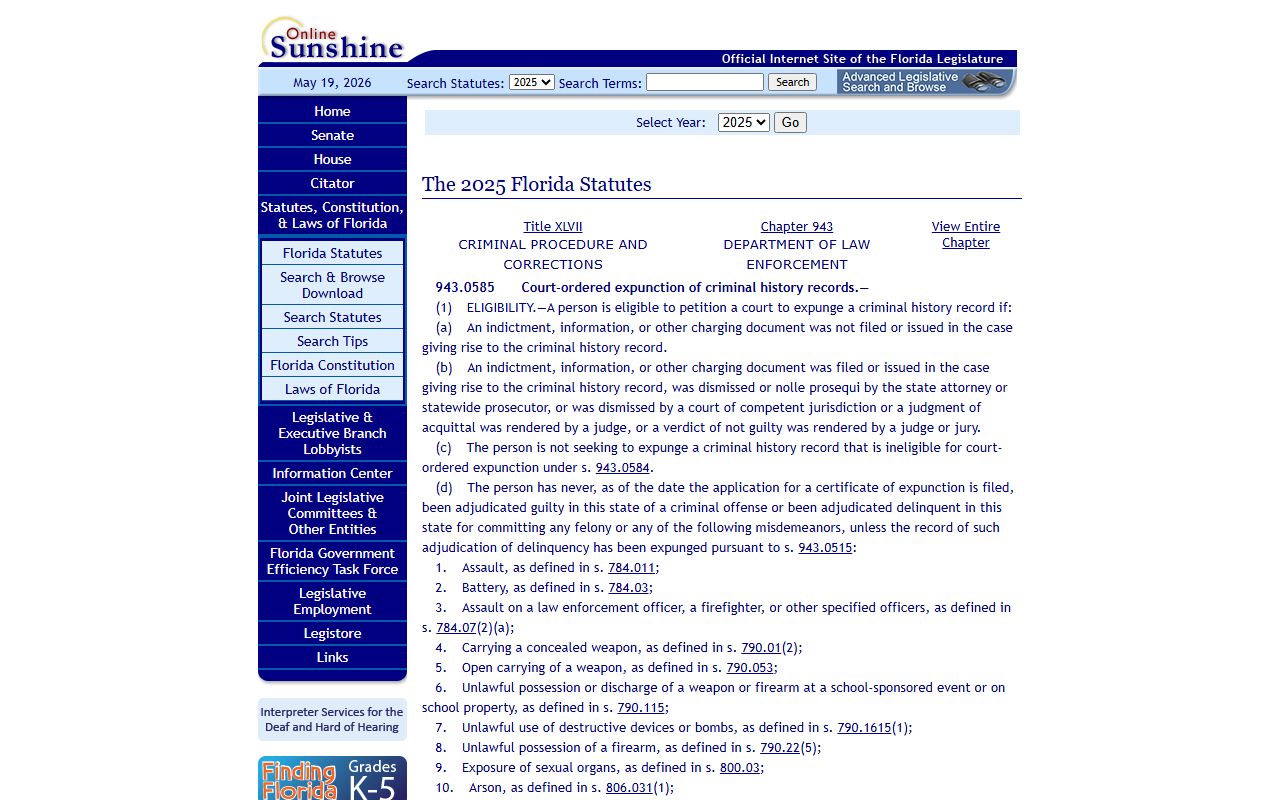 Orange County arrest records Florida expunction statute 943.0585