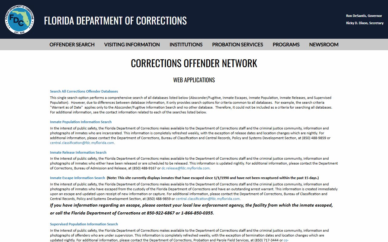 Orange County arrest records Florida Department of Corrections offender search menu