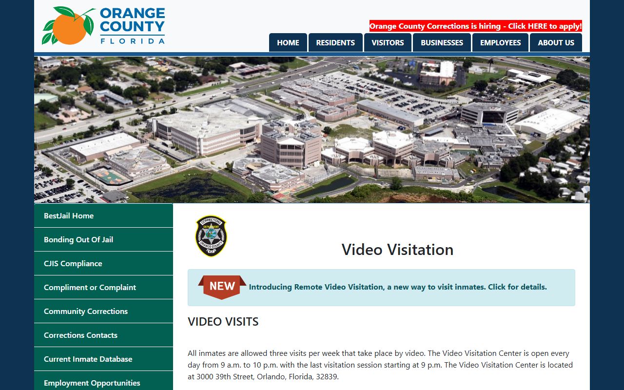 Orange County inmate records video visitation page