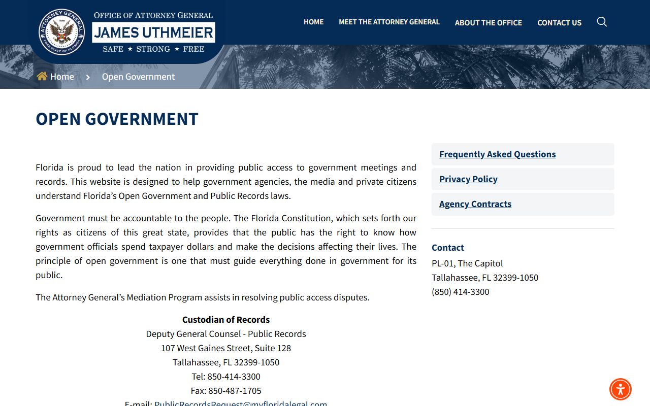 Orange County public records Florida Attorney General open government page