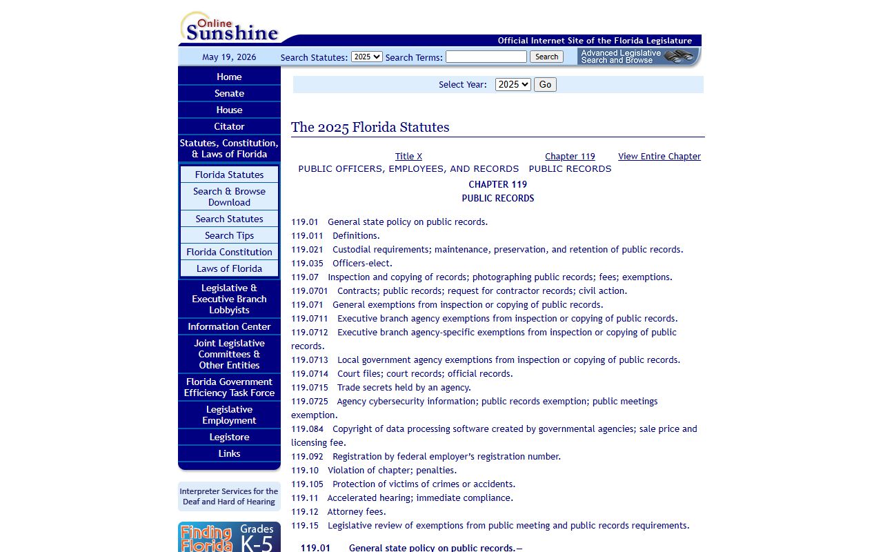 Florida Statutes Chapter 119 public records law